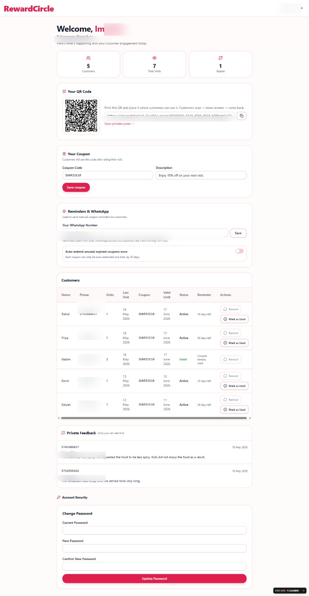 RewardCircle business dashboard showing customers, visits, coupons and private feedback