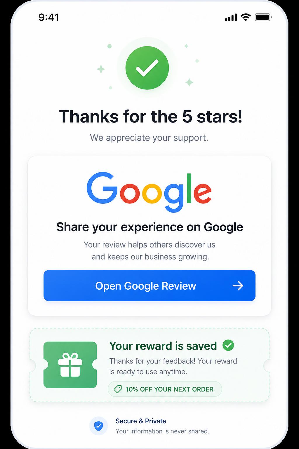 RewardCircle Google review CTA screen shown after a 5-star rating